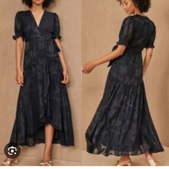 Anthro BHLDN Hutch Biscayne Navy Blue Ruffle Detail High Low Wrap Dress Size XL - Picture 1 of 6